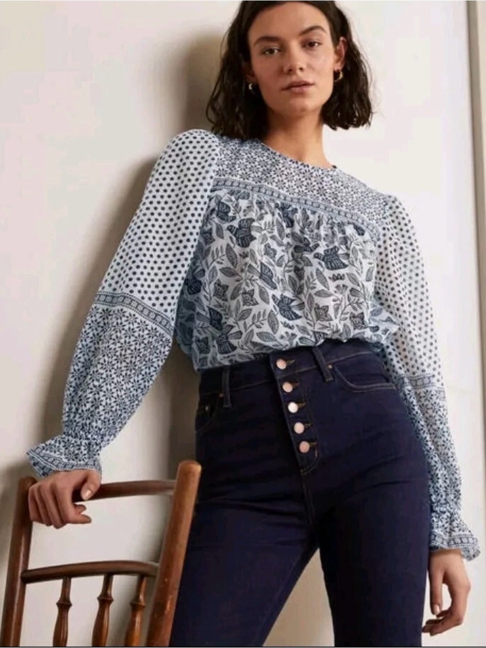 Boden Gracie Cotton Blouse Blue White Mixed Bird Print